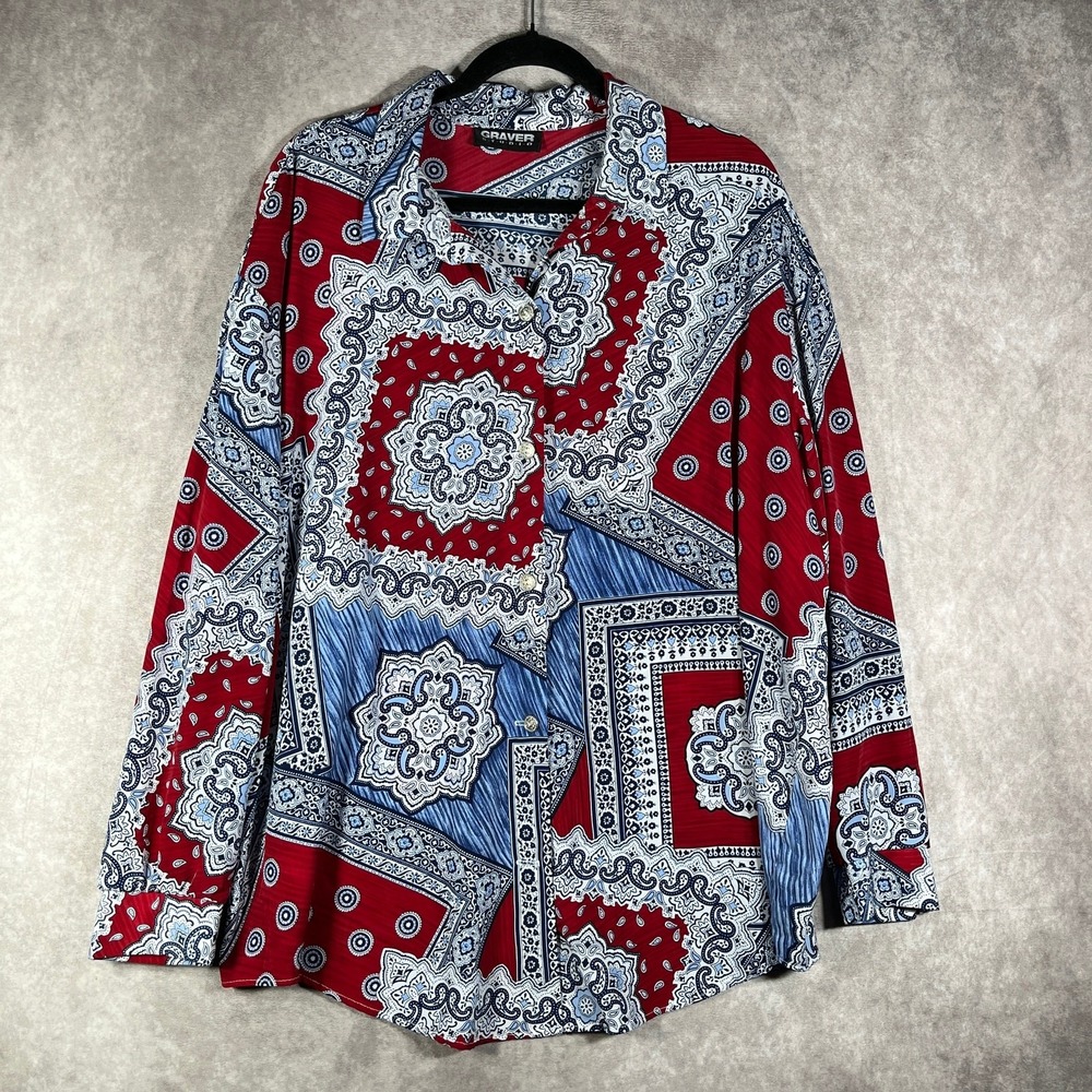 Vintage Graver Studio‎ Blouse Womens XL Red Blue Bandana Print Button Up Western